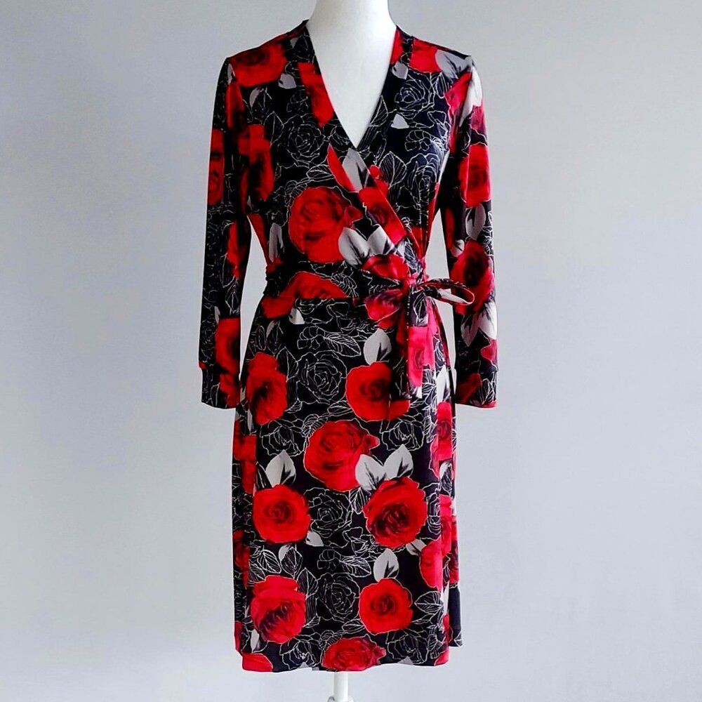Wendy Williams Women's Classic 3/4 Sleeve V Neck Red Rose Wrap Dress Size XS